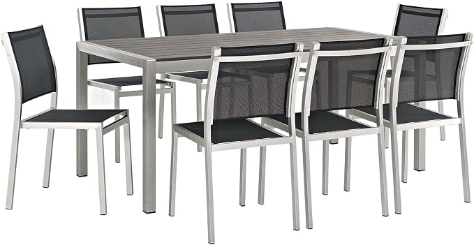 Modway Shore 9Piece Outdoor Patio Aluminum Dining Set in Silver Black