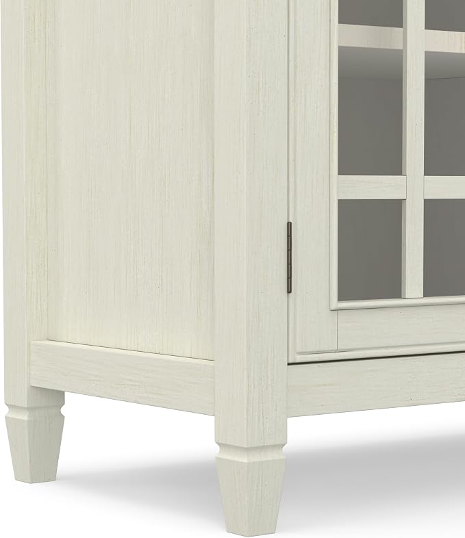 SIMPLIHOME Connaught 46" Wide Solid Wood Low Cabinet in Antique White | Traditional low console cabinet with glass doors and storage shelves for the living room, entryway or dining room.