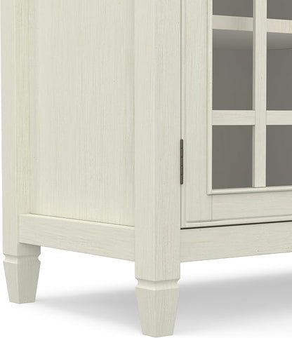 SIMPLIHOME Connaught 46" Wide Solid Wood Low Cabinet in Antique White | Traditional low console cabinet with glass doors and storage shelves for the living room, entryway or dining room.