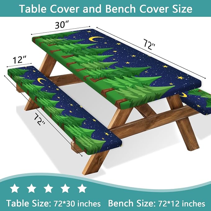 JAWO Camping Picnic Table Cover Set with Bench Covers Green Pine Tree Forest Tablecloth Fitted Picnic Table Cover with Elastic Windproof and Waterproof Fabric, Camping Accessories Patio & Outdoor