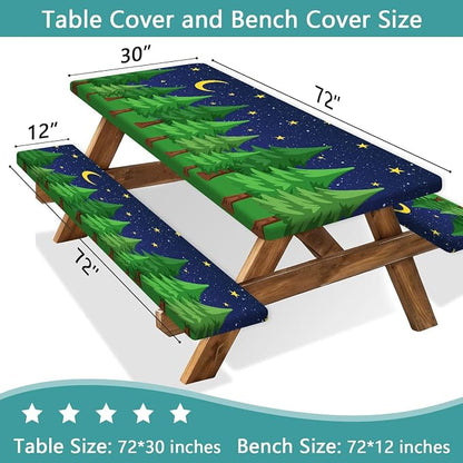 JAWO Camping Picnic Table Cover Set with Bench Covers Green Pine Tree Forest Tablecloth Fitted Picnic Table Cover with Elastic Windproof and Waterproof Fabric, Camping Accessories Patio & Outdoor