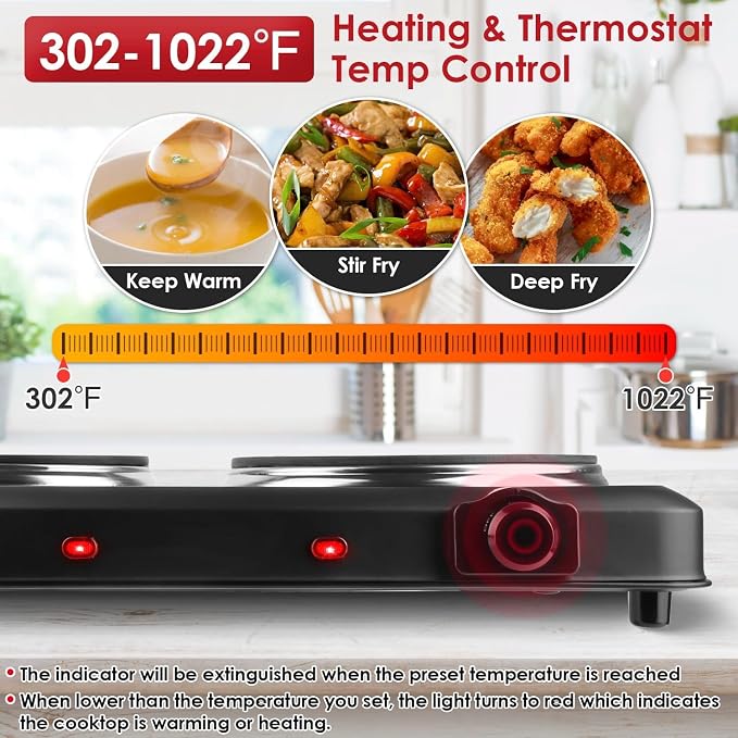 KOCASO 1800W Dual Infrared Burner Hot Plate, 7.5" & 6.3" Glass Cooktop, Stepless Temp Control 302°F-1022°F, Portable Electric Stove for Home, RV, Camping, Dorms