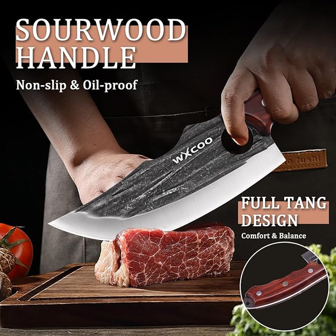Serbian Chef Knife Set 3 Piece Hand Forged Viking Butcher Knife High Carbon Steel for Meat Cutting BBQ Camping, Unique Mens Birthday Gift for Hunters Grillers and Outdoor Cooking