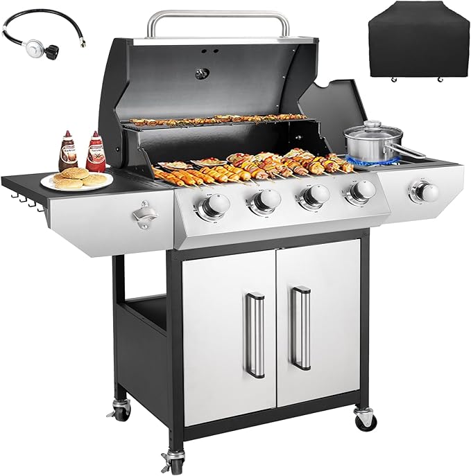 Kendane 4-Burner Propane Gas BBQ Grill with Side Burner, Barbecue Gas Grill with Enameled Cast Iron Grates for Outdoor Patio Garden Barbecue, 53,000 BTU, Stainless Steel Grill Cover included