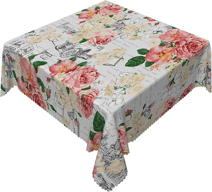 Modern Flowers Tablecloth 60x60 Inch Square Vintage Style French Flower Seasonal Washable Wrinkle Free Spill Proof Polyester Wedding Birthday Table Cover for Dining Table Farmhouse Kitchen