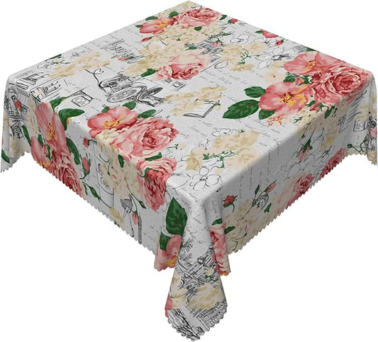 Modern Flowers Tablecloth 60x60 Inch Square Vintage Style French Flower Seasonal Washable Wrinkle Free Spill Proof Polyester Wedding Birthday Table Cover for Dining Table Farmhouse Kitchen
