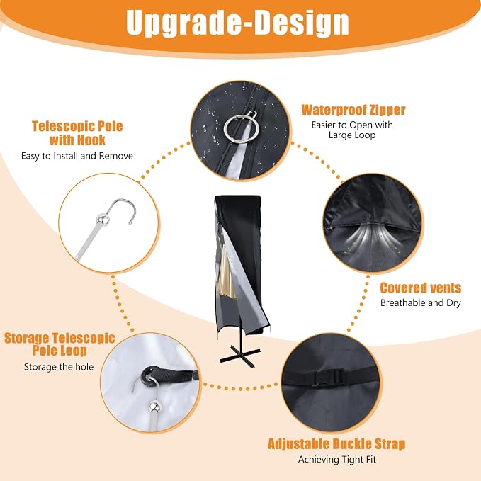 DOCEPERT Patio Umbrella Parasol Cover, 420D Waterproof Outdoor, Fits 13-15 ft Double-Sided Large Umbrella, Garden, Top Vent, Zipper, Windproof Anti-UV
