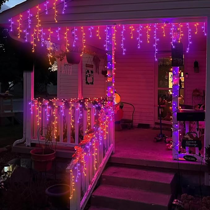 YEGUO 33ft 400 LED Orange and Purple Icicle Halloween Lights, 80 Drops Icicle Lights Connectable, 8 Modes Icicle Christmas Light with Memory Timer