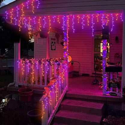 YEGUO 33ft 400 LED Orange and Purple Icicle Halloween Lights, 80 Drops Icicle Lights Connectable, 8 Modes Icicle Christmas Light with Memory Timer