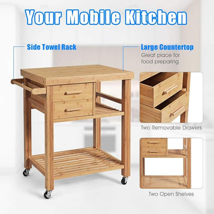 Giantex Kitchen Island, Bamboo Island Cart, Kitchen Trolley Cart on Wheels, Rolling Kitchen Cart, 2 Drawers, Towel Rack, Casters with Lock (Natural)