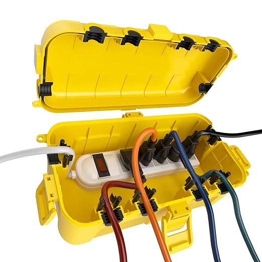 Flemoon Medium Outdoor Electrical Box (11.5x5.2x4 inch), IP54 Waterproof Extension Cord Cover w/6 Cable Entry Ports, Weatherproof Connection Box for Power Strip, Timer, Plug, Holiday Lights, Yellow