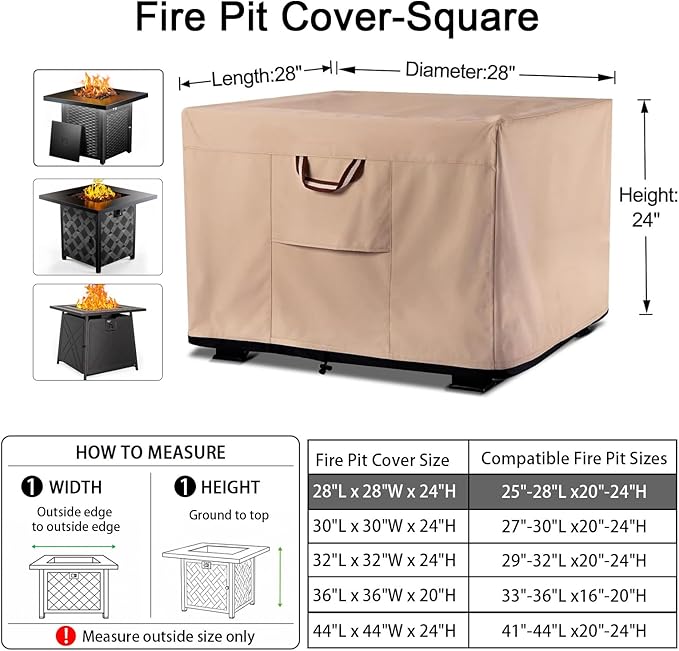 QH.HOME Fire Pit Cover Square-25-28 Inch Heavy Duty 900D Strong Tear-Resistant and UV Resistant and Waterproof and Fading Resistant Material Polyester Firepit Covers for Outdoor Fire Table-Wheat