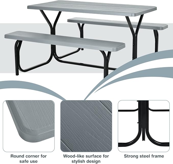 Picnic Table, Outdoor Dining Table with 2 Benches, Wood Grain Tabletop, Heavy Duty Metal Frame, Portable Picnic Table for Outdoors Backyard Garden Lawn Patio Poolside Deck (Grey)