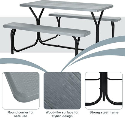 Picnic Table, Outdoor Dining Table with 2 Benches, Wood Grain Tabletop, Heavy Duty Metal Frame, Portable Picnic Table for Outdoors Backyard Garden Lawn Patio Poolside Deck (Grey)