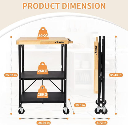 PLKOW Foldable 3-Tier Rolling Kitchen Cart with Solid Oak Top, Black | Solid oak top, fold-flat steel frame, 3-tier storage, and lockable swivel wheels for kitchens and compact spaces.