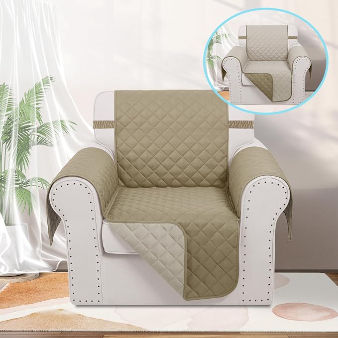 Reversible Recliner Chair Covers, 23" Chair, Camel/Beige | Chair Covers for Living Room with Elastic Straps, Water Repellent, Chair Protectors Covers for Dogs