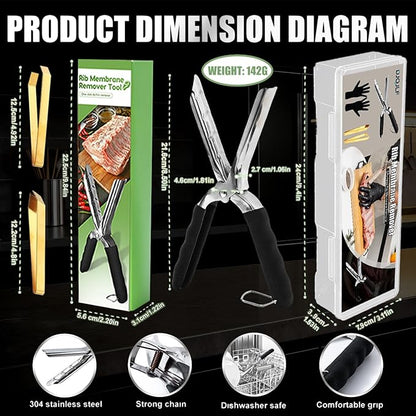 Rib Membrane Removal Tool Set - 2.5mm 304 Stainless Steel Rib Prep Tool with Ergonomic Grip, BBQ Rib Membrane Remover, Chicken Tendon Tool + Tweezers & Gloves for Meat Prep