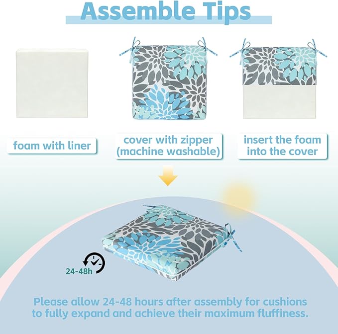 COZYVIDA Outdoor Chair Cushions Set of 4, 20"x20" Square Seat Pads with Tie Straps and YKK Zippers, 30D High-Density Foam, Water-Resistant Fabric,UV-Resistant 1000+ Hrs
