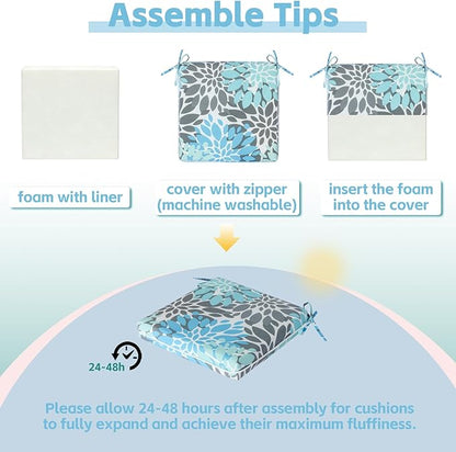 COZYVIDA Outdoor Chair Cushions Set of 4, 20"x20" Square Seat Pads with Tie Straps and YKK Zippers, 30D High-Density Foam, Water-Resistant Fabric,UV-Resistant 1000+ Hrs