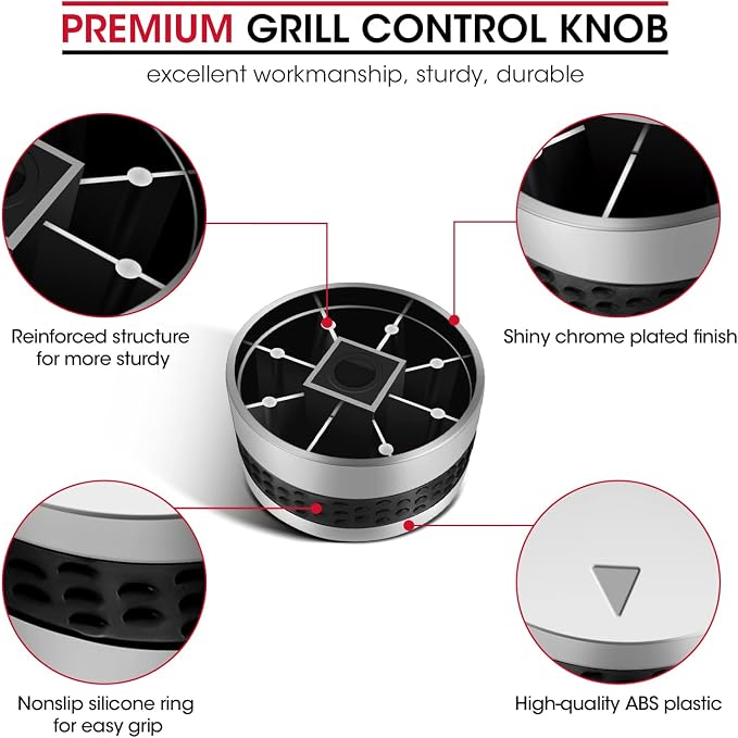 Unicook Grill Control Knob 4 Pack, Gas Burner Replacement, Chrome Plated Plastic with Nonslip Grip, Fits BBQ Gas Grills with D Shaped Valve Stem, Including 4 Knobs and 12 Adaptors