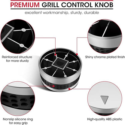 Unicook Grill Control Knob 4 Pack, Gas Burner Replacement, Chrome Plated Plastic with Nonslip Grip, Fits BBQ Gas Grills with D Shaped Valve Stem, Including 4 Knobs and 12 Adaptors