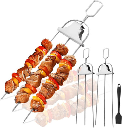 SHIKORI 3 Way Kabob Skewer, 14'' Stainless Steel Barbecue Fork,3 Pcs | Kabob Sticks With Push Bar Reusable Metal Skewer for Outdoor BBQ