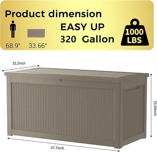 320 Gallon Lockable Resin Outdoor Storage Box, Waterproof & Weather Resistant Deck Box for Patio Cushion, Garden Tools & Pool Accessories, Grey