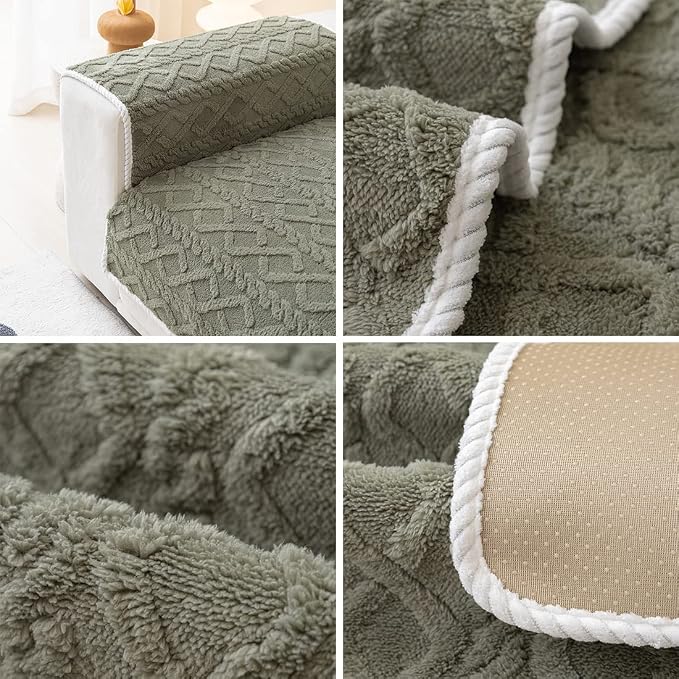 vctops Geometric Jacquard Plush Sofa Couch Covers Farmhouse Neutral Non Slip Sectional Couch Cover Soft Warm Sofa Slipcover for Dogs, Children, Pets Furniture Protector (Army Green,28"x28")