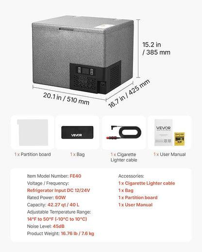 VEVOR 12 Volt Refrigerator, 42.3 QT/ 40L Car Fridge, Portable Ultra-Light EPP Freezer, APP Control Electric Compressor, 12V/24V DC, 14℉ to 50℉, for Truck Van RV SUV Boat Travel Camping ASIN B0GZB65DNP