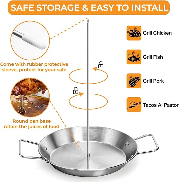 Noamus Al Pastor Skewer for Grill, 304 Stainless Steel Vertical Skewer, Brazilian Spit Stand with 5 Removable Spike (6"/8"/10"/12"/14")&Brushes for Shawarma Kebabs Tacos BBQ Smoker Kamado Oven Dish