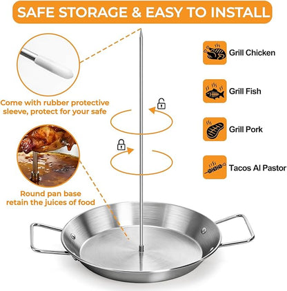 Noamus Al Pastor Skewer for Grill, 304 Stainless Steel Vertical Skewer, Brazilian Spit Stand with 5 Removable Spike (6"/8"/10"/12"/14")&Brushes for Shawarma Kebabs Tacos BBQ Smoker Kamado Oven Dish