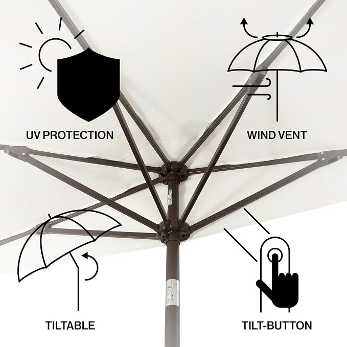 JONATHAN Y Beverly 9 ft. Striped Half Umbrella, Cream/Dark Brown | Coastal Scalloped Fringe, Crank Lift, 30 Degree Manual Tilt, UV 50 Polyester Canopy, Aluminum Frame, Space Saving Design