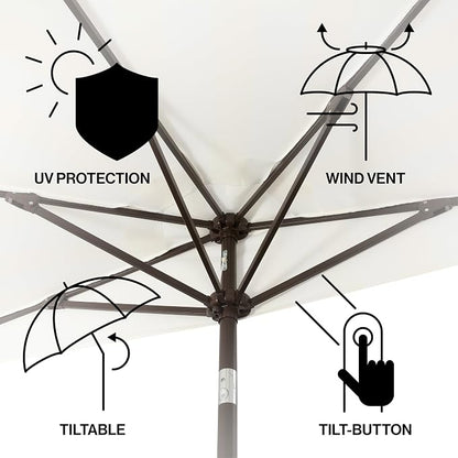 JONATHAN Y Beverly 9 ft. Striped Half Umbrella, Cream/Dark Brown | Coastal Scalloped Fringe, Crank Lift, 30 Degree Manual Tilt, UV 50 Polyester Canopy, Aluminum Frame, Space Saving Design