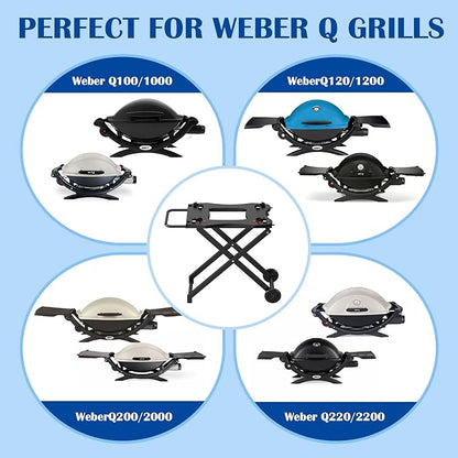 SafBbcue Outdoor Collapsible Grill Table for Weber Q Series Q1200 Grill, Foldable Grill Stand for Weber Q1000 Q2000 Q2200 Table Top Grill Accessories with Transport Handle and Wheels