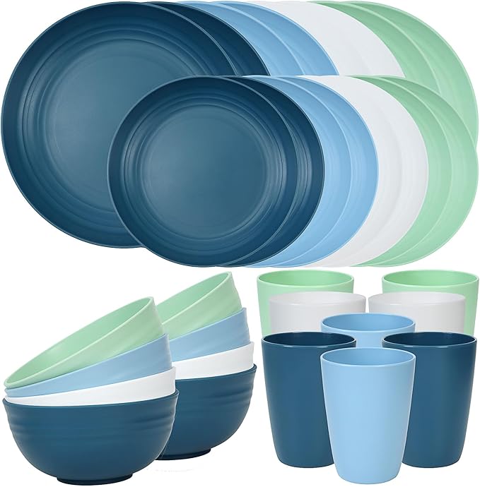 Quatish 32 Piece Plates and Bowls Sets for 8, Unbreakable Dinnerware Sets, Dish Set for Camping, Dishwasher & Microwave Safe, Outdoor Kitchen and Apartment Dorm Dinning RV Essentials, Blue