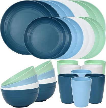 Quatish 32 Piece Plates and Bowls Sets for 8, Unbreakable Dinnerware Sets, Dish Set for Camping, Dishwasher & Microwave Safe, Outdoor Kitchen and Apartment Dorm Dinning RV Essentials, Blue
