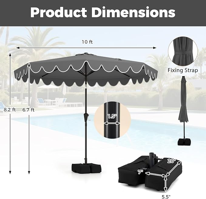 Tangkula 10 FT Patio Umbrella with Base Included, 2-Tiers Outdoor Scalloped Table Umbrella with 2 Sandbags, Tilt Adjustment, Crank, 8 Ribs for Market Backyard Pool Deck Beach Lawn