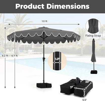 Tangkula 10 FT Patio Umbrella with Base Included, 2-Tiers Outdoor Scalloped Table Umbrella with 2 Sandbags, Tilt Adjustment, Crank, 8 Ribs for Market Backyard Pool Deck Beach Lawn