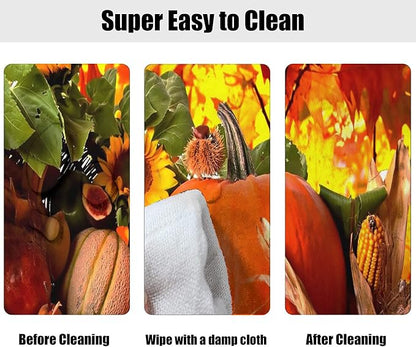 Thanksgiving Oval Fitted Tablecloths, Pumpkins with Sunflowers Pattern Print Elastic Edged Table Cover, Windproof Cloths for Indoor Outdoor Dining Decor, Fits to 48x68 in Table, Orange