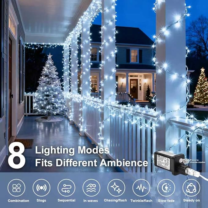 Cool White Christmas Fairy String Lights, 165FT 500L Indoor Outdoor | 8 Modes with Memory, IP65 Waterproof, Clear Wire, Tangle-Free Design for Classroom Bedroom Garden Wedding Party