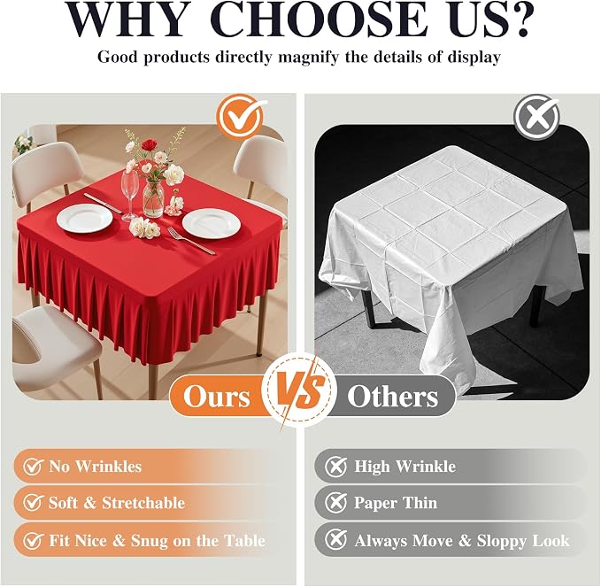 PARTISKY Red Spandex Square Tablecloths 54x54 Inch, 2 Pack Wrinkle Free Fitted Card Table Cloth Stretch Square Table Cover for Kitchen Dinner, Holiday Party, Wedding Banquet, Display Trade Show