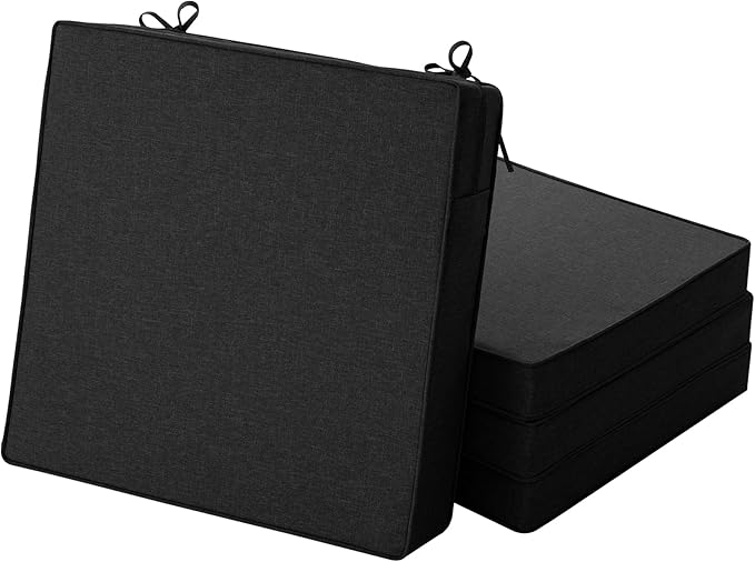 Outdoor Chair Cushions, Set of 4, 18.5 x 16 Inch, Black | Water Resistant, Fade Resistant, Patio Furniture Seat Replacement, Removable Cover with Zipper, Non-Slip Bottom with Ties