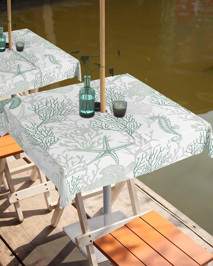 Sage Green Coastal Outdoor Tablecloth - 60x60 Inch Square Waterproof Dining Table Cover, Sea Turtle Nautical Coral Beach Starfish Outdoor Table Cloth with Umbrella Hole & Zipper for Picnic