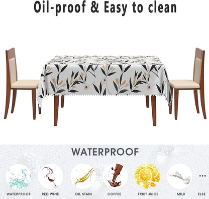 Floral Rectangular Tablecloth Black and Yellow Leaves Flowers Table Cloth Perfect for Spring Home Decor 52x70 Inch Botanical Waterproof Resistant Table Cover for Kitchen Dining Room