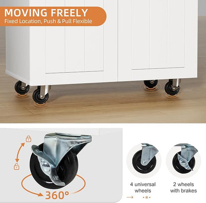 Shintenchi Kitchen Island cart with Storage, Portable Bar Cabinet on Wheels, Rolling Microwave Cart Side Table with Workstation for Kitchen, Dinning Room, White