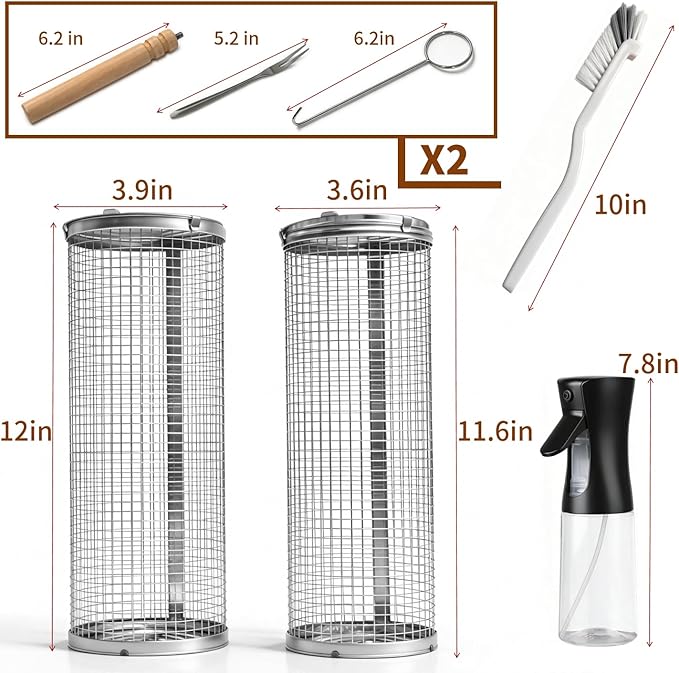 2pcs rolling grill baskets,304 Stainless Steel Grill Cage, Removable Handles,vegetable grill basket,meat smoker accessories,bbq accessories for grilling baskets,bbq tools—presents for men and Women