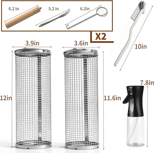 2pcs rolling grill baskets,304 Stainless Steel Grill Cage, Removable Handles,vegetable grill basket,meat smoker accessories,bbq accessories for grilling baskets,bbq tools—presents for men and Women