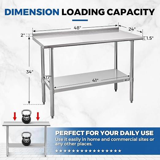 Profeeshaw Stainless Steel Prep Table 24''x48'' Workbench with Backsplash | NSF Commercial Metal Work Table, with Undershelf, Heavy Duty Table, for Kitchen, Restaurant, Home, Gargae and Hotel, 18-gauge