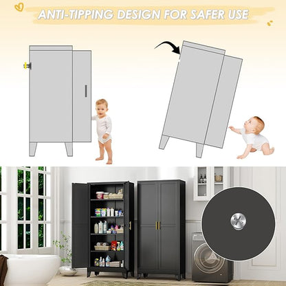 GAIOUS 71" Tall Metal Storage Cabinet with 2 Doors and 4 Adjustable Shelves, Kitchen Pantry Cabinet Black Freestanding Cupboard, 5 Tier Multifunctional Steel Storage for Office, Kitchen, Dining Room