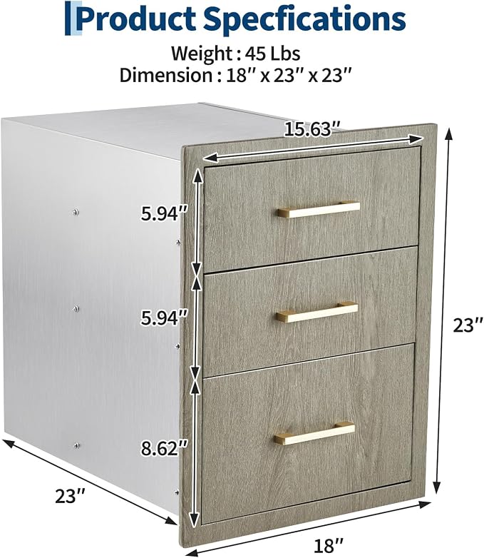 PeakPursuit Stainless Steel Outdoor Kitchen Triple Drawers - Heavy Duty with Handles, Weather-Resistant Flush Mount for BBQ Island, Patio Grill & Outdoor Cooking Space, 18" W x 23" D x 23" H
